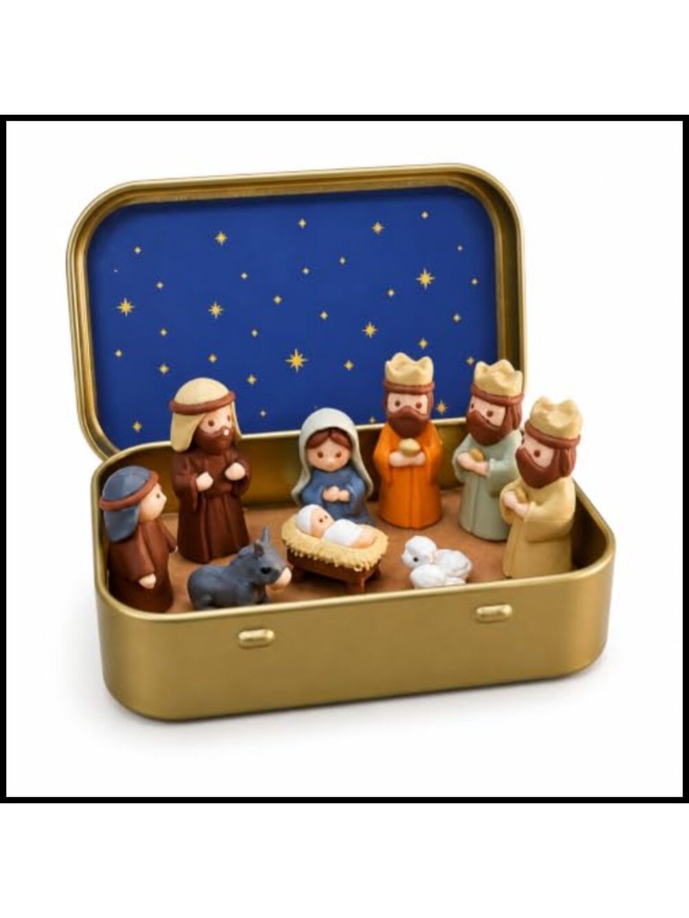 Mini Nativity Scene Set in Metal Tin Box Christmas Figurines Tabletop Decor